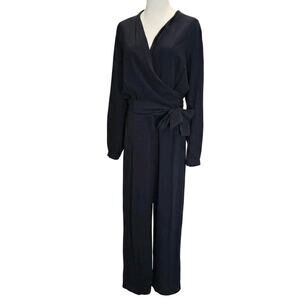 Sezane Navy Blue Wrap Jumpsuit Womens EU 38 US 6 Long Sleeve Wide Leg Tie Waist